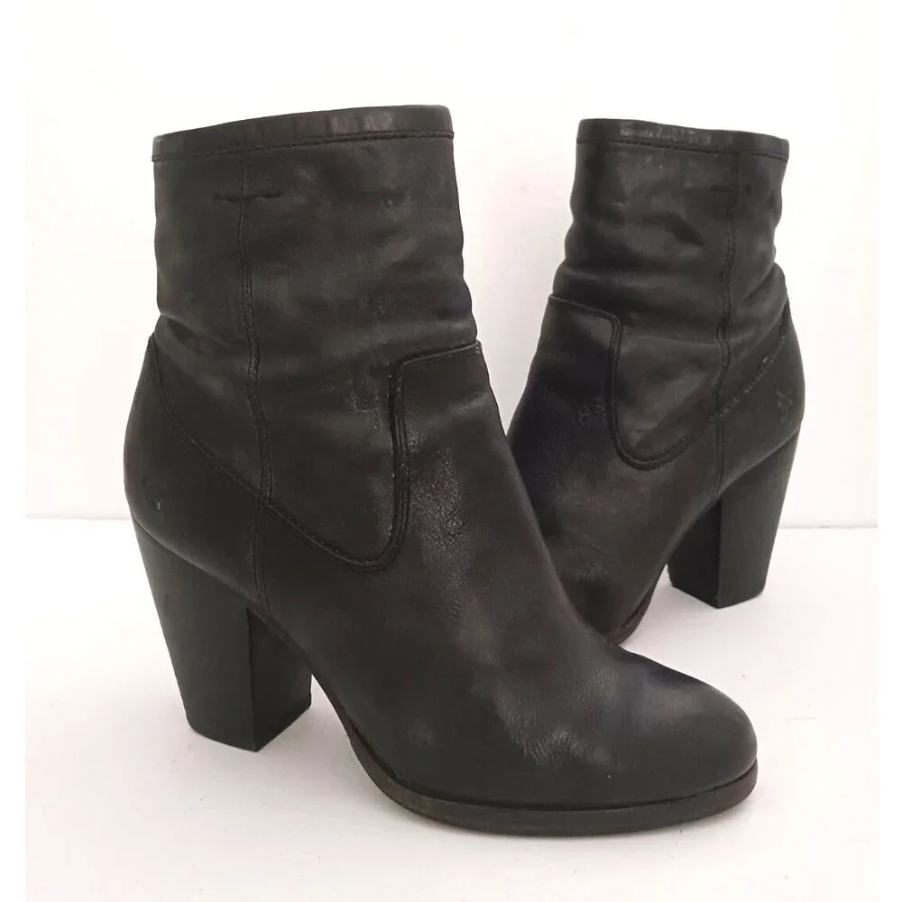 FRYE Patty Artisan Zip Blk Leather Ankle Boot Stacked Wood Block Heel 7.5